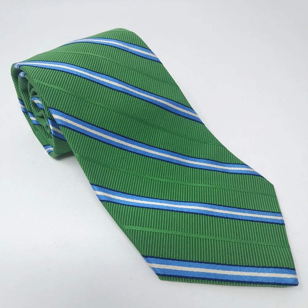 Brooks Brothers Makers Tie Green Blue Stripe Silk Cotton Woven England Made USA